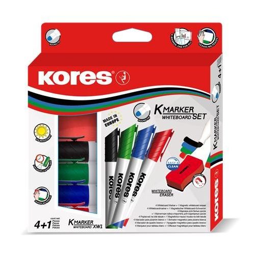 KORES tábla és flipchart marker 4db+törlő 1-3mm kúpos