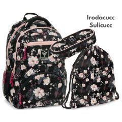    ARS UNA Hátizsák Ergonomikus iskolatáska szett, Flowery Black, 3 részes